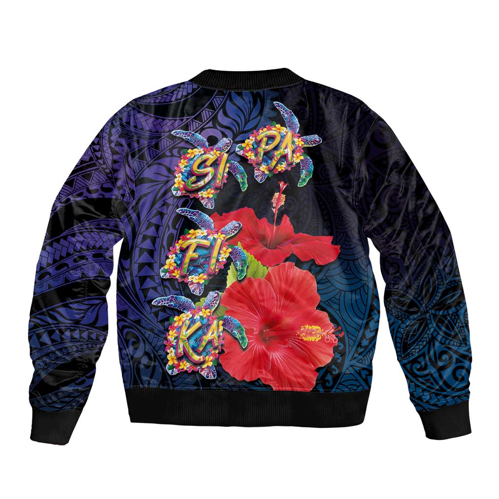 Pasifika Festival Bomber Jacket Plumeria Turtles with Hibiscus - Polynesian Art Tattoo Dark Navy Color