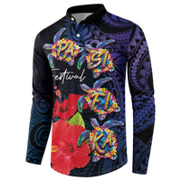 Pasifika Festival Button Sweatshirt Plumeria Turtles with Hibiscus - Polynesian Art Tattoo Dark Navy Color