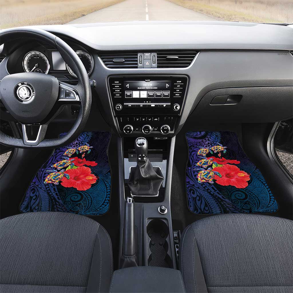 Pasifika Festival Car Mats Plumeria Turtles with Hibiscus - Polynesian Art Tattoo Dark Navy Color