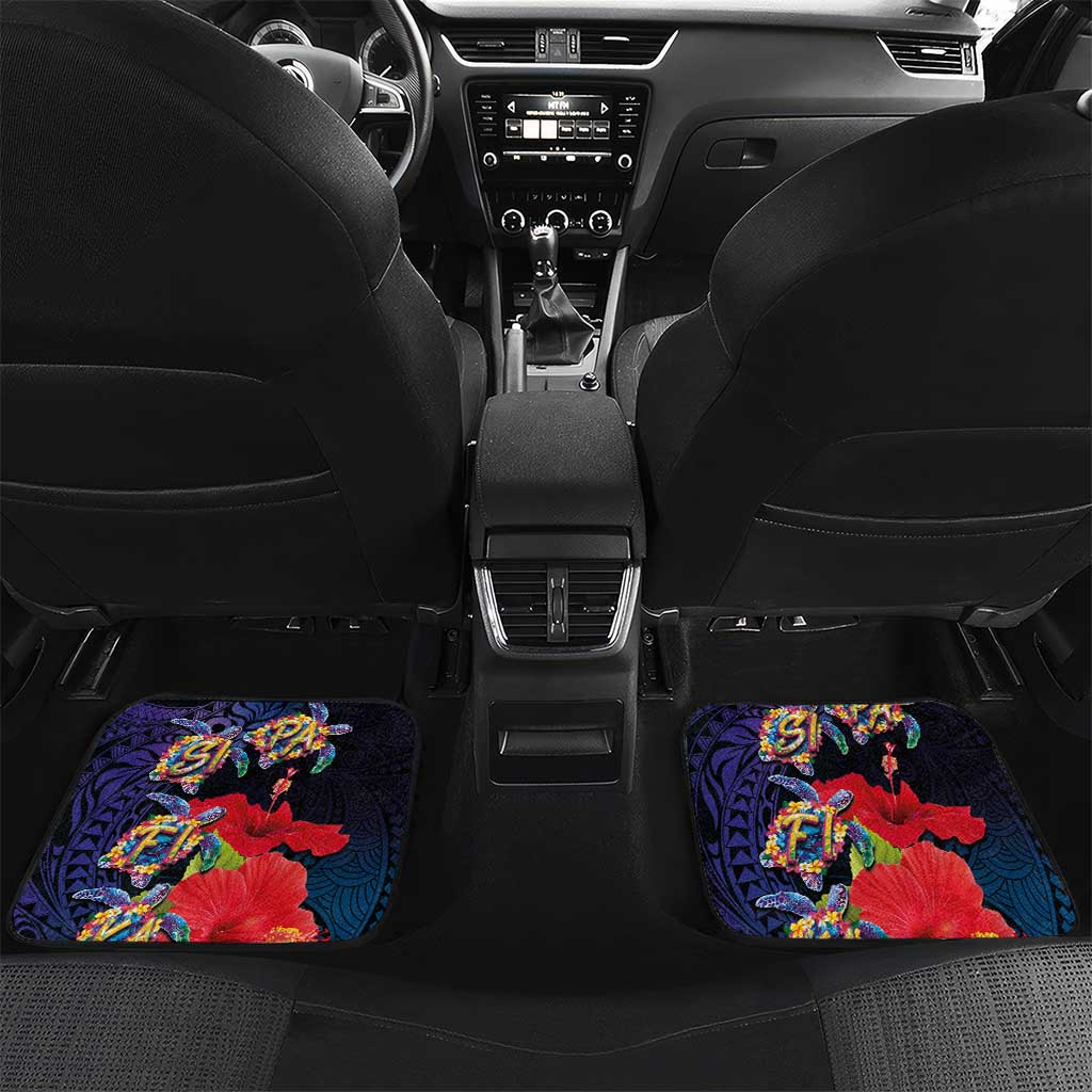 Pasifika Festival Car Mats Plumeria Turtles with Hibiscus - Polynesian Art Tattoo Dark Navy Color