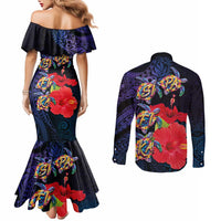 Pasifika Festival Couples Matching Mermaid Dress and Long Sleeve Button Shirt Plumeria Turtles with Hibiscus - Polynesian Art Tattoo Dark Navy Color