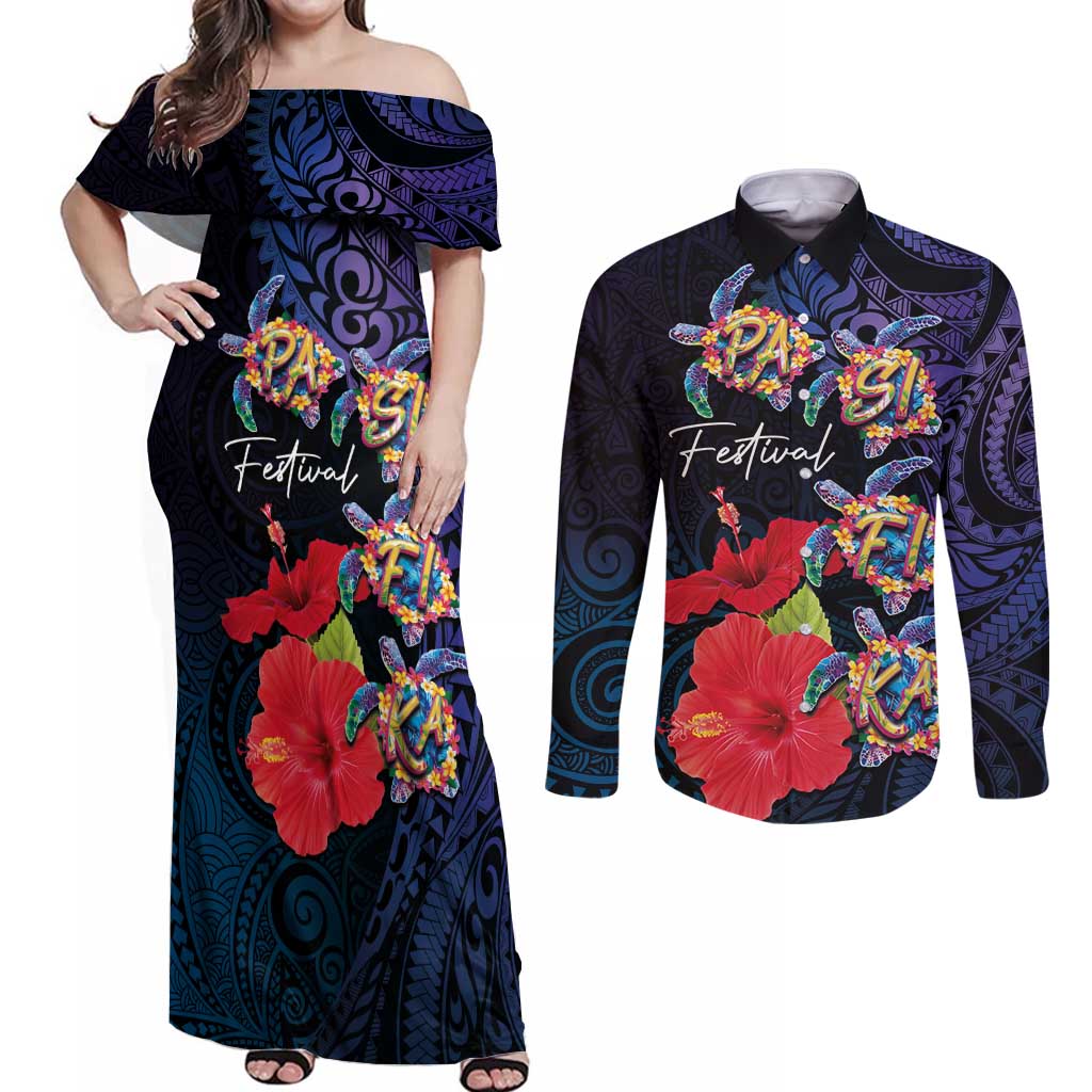 Pasifika Festival Couples Matching Off Shoulder Maxi Dress and Long Sleeve Button Shirt Plumeria Turtles with Hibiscus - Polynesian Art Tattoo Dark Navy Color