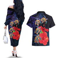 Pasifika Festival Couples Matching Off The Shoulder Long Sleeve Dress and Hawaiian Shirt Plumeria Turtles with Hibiscus - Polynesian Art Tattoo Dark Navy Color