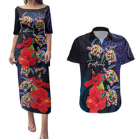 Pasifika Festival Couples Matching Puletasi and Hawaiian Shirt Plumeria Turtles with Hibiscus - Polynesian Art Tattoo Dark Navy Color