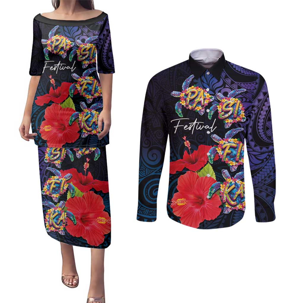 Pasifika Festival Couples Matching Puletasi and Long Sleeve Button Shirt Plumeria Turtles with Hibiscus - Polynesian Art Tattoo Dark Navy Color