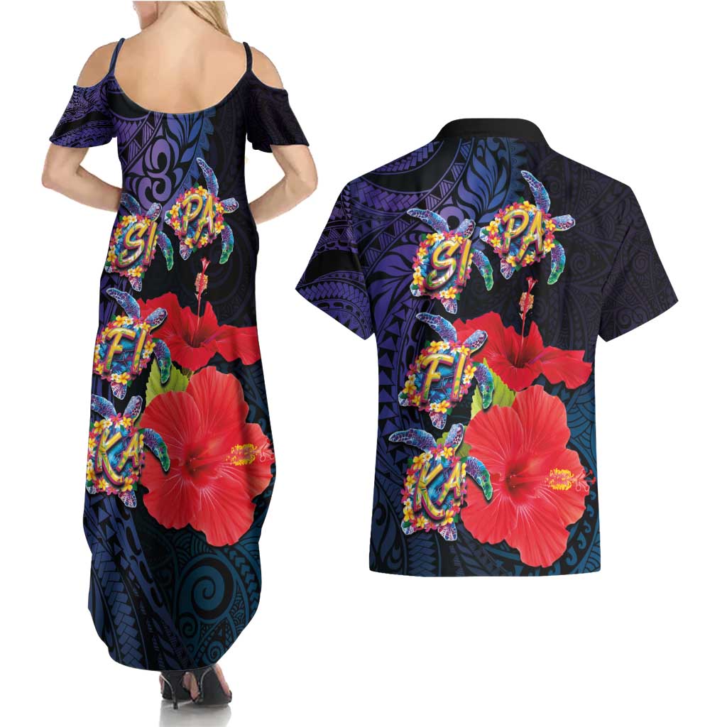 Pasifika Festival Couples Matching Summer Maxi Dress and Hawaiian Shirt Plumeria Turtles with Hibiscus - Polynesian Art Tattoo Dark Navy Color