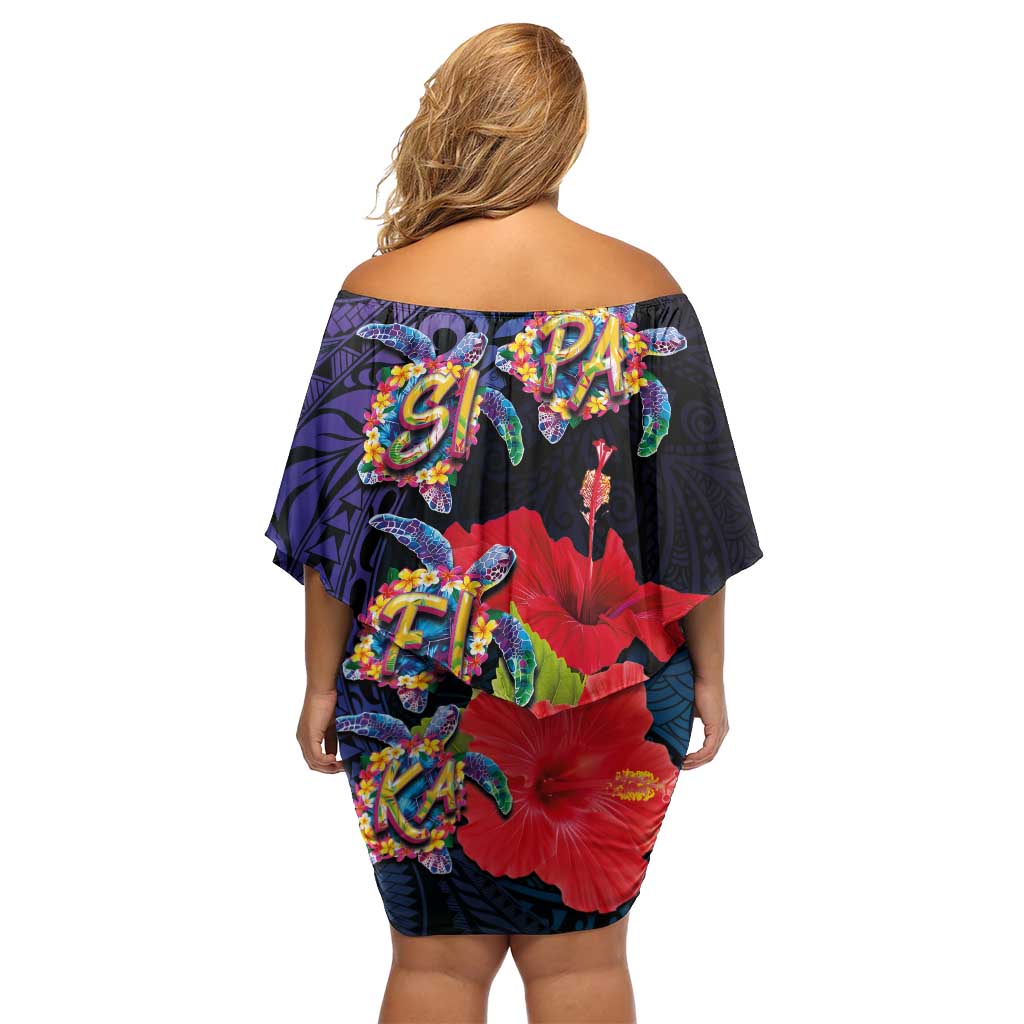 Pasifika Festival Family Matching Off Shoulder Short Dress and Hawaiian Shirt Plumeria Turtles with Hibiscus - Polynesian Art Tattoo Dark Navy Color