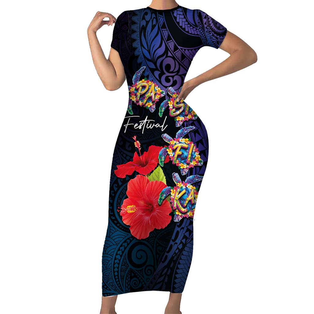 Pasifika Festival Family Matching Short Sleeve Bodycon Dress and Hawaiian Shirt Plumeria Turtles with Hibiscus - Polynesian Art Tattoo Dark Navy Color