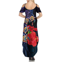 Pasifika Festival Family Matching Summer Maxi Dress and Hawaiian Shirt Plumeria Turtles with Hibiscus - Polynesian Art Tattoo Dark Navy Color