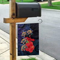 Pasifika Festival Garden Flag Plumeria Turtles with Hibiscus - Polynesian Art Tattoo Dark Navy Color