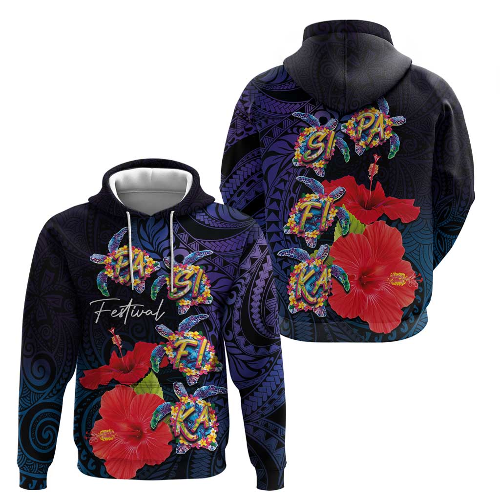 Pasifika Festival Hoodie Plumeria Turtles with Hibiscus - Polynesian Art Tattoo Dark Navy Color