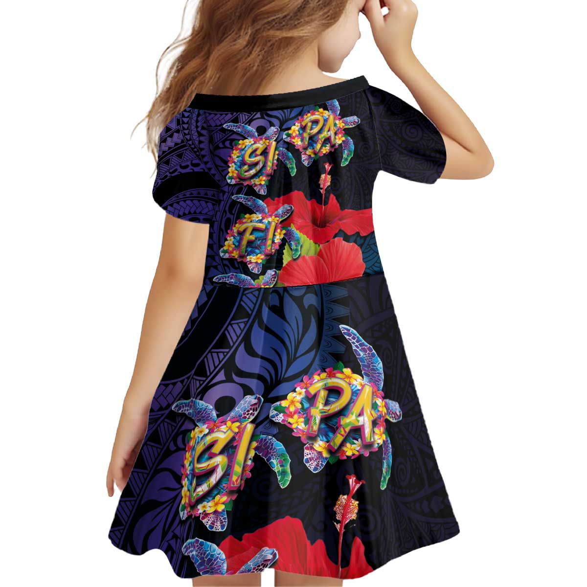 Pasifika Festival Kid Short Sleeve Dress Plumeria Turtles with Hibiscus - Polynesian Art Tattoo Dark Navy Color
