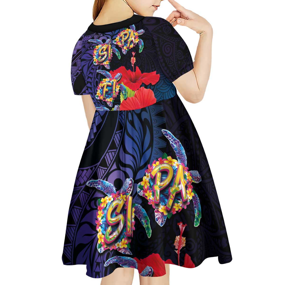 Pasifika Festival Kid Short Sleeve Dress Plumeria Turtles with Hibiscus - Polynesian Art Tattoo Dark Navy Color
