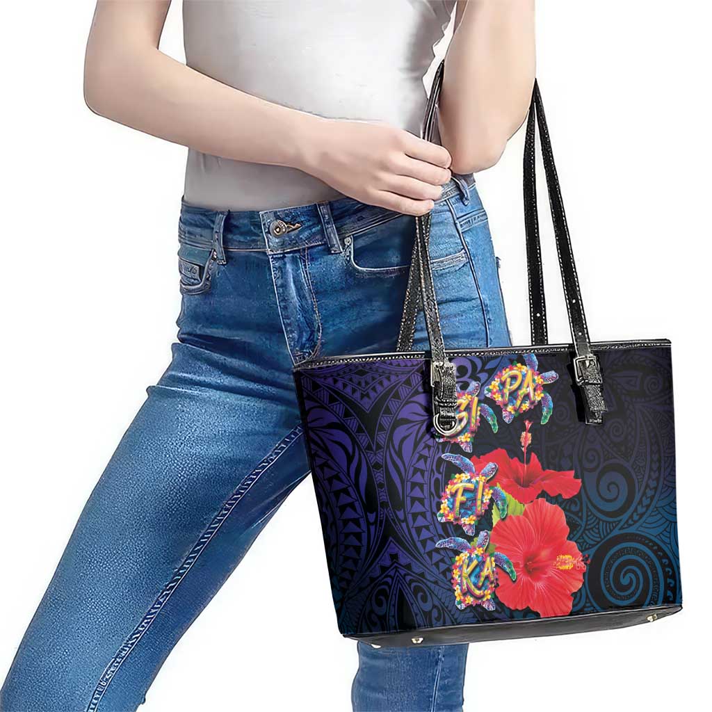 Pasifika Festival Leather Tote Bag Plumeria Turtles with Hibiscus - Polynesian Art Tattoo Dark Navy Color