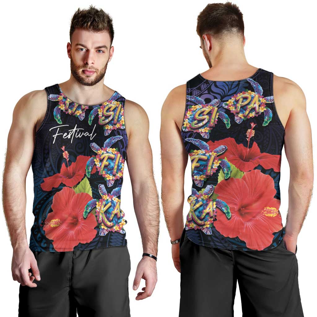 Pasifika Festival Men Tank Top Plumeria Turtles with Hibiscus - Polynesian Art Tattoo Dark Navy Color