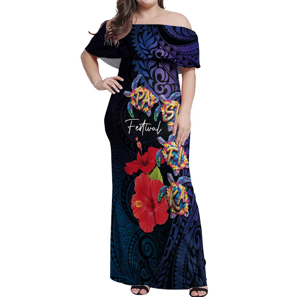 Pasifika Festival Off Shoulder Maxi Dress Plumeria Turtles with Hibiscus - Polynesian Art Tattoo Dark Navy Color