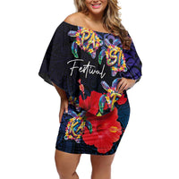 Pasifika Festival Off Shoulder Short Dress Plumeria Turtles with Hibiscus - Polynesian Art Tattoo Dark Navy Color