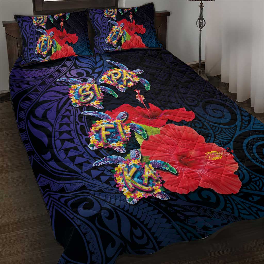 Pasifika Festival Quilt Bed Set Plumeria Turtles with Hibiscus - Polynesian Art Tattoo Dark Navy Color