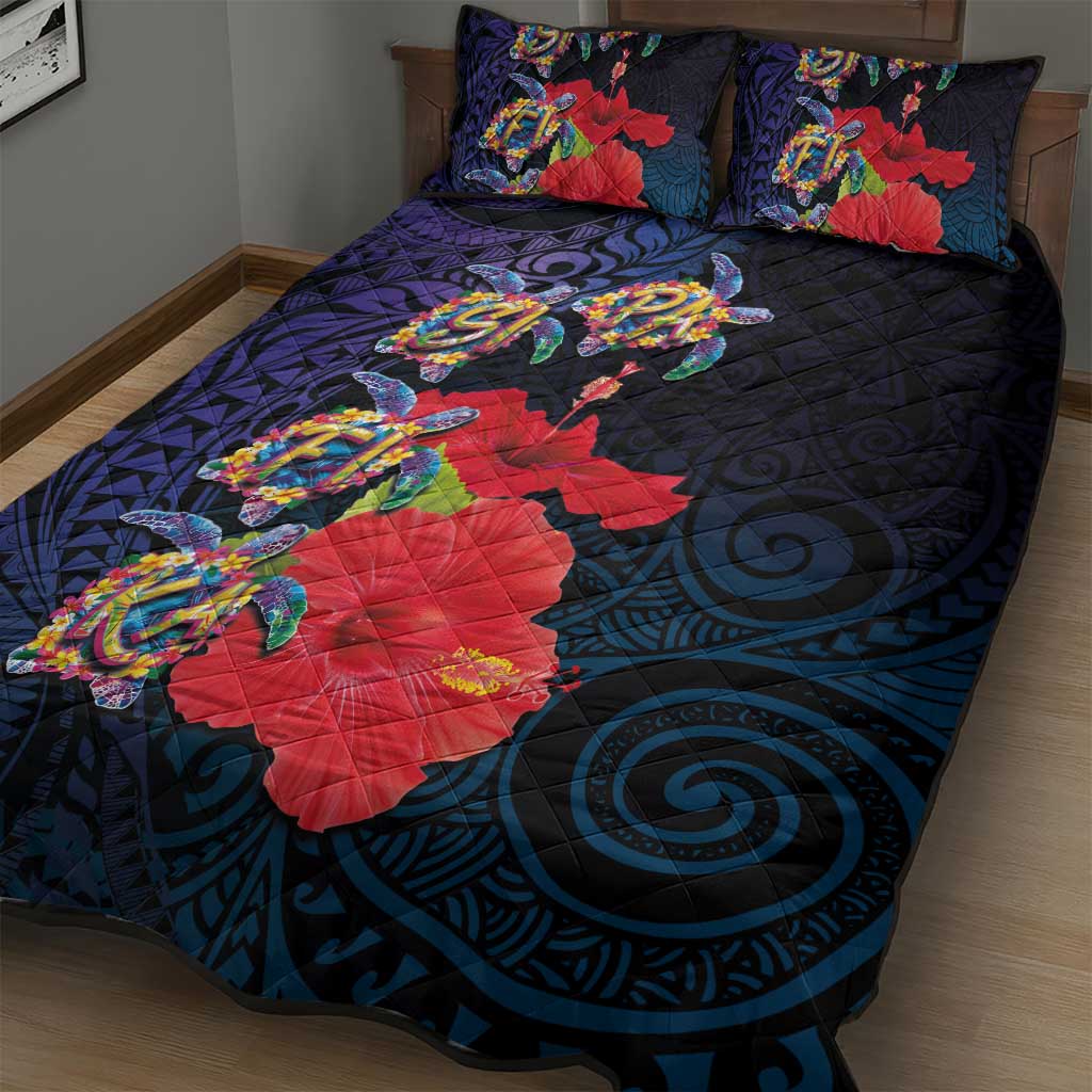 Pasifika Festival Quilt Bed Set Plumeria Turtles with Hibiscus - Polynesian Art Tattoo Dark Navy Color