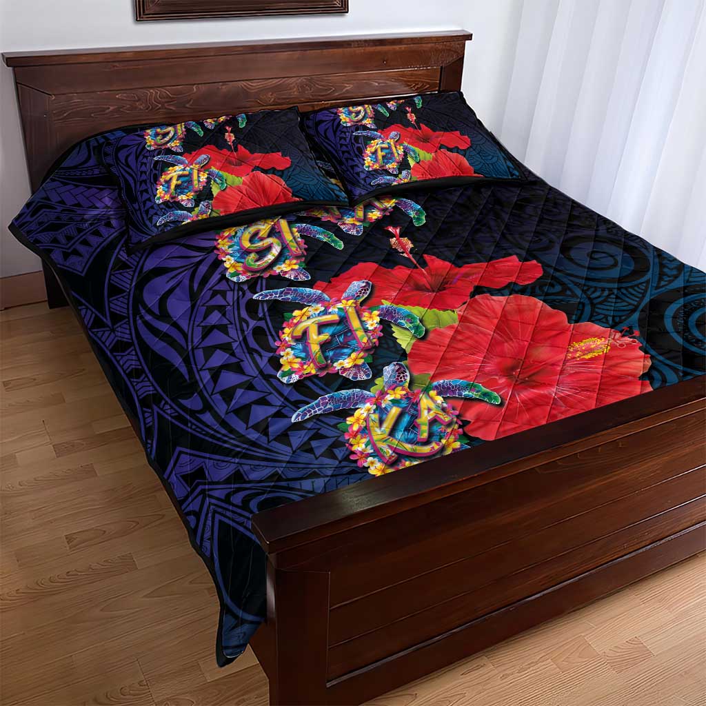 Pasifika Festival Quilt Bed Set Plumeria Turtles with Hibiscus - Polynesian Art Tattoo Dark Navy Color