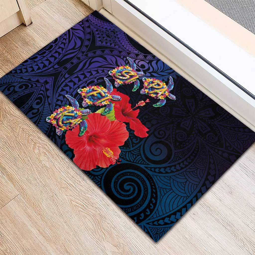 Pasifika Festival Rubber Doormat Plumeria Turtles with Hibiscus - Polynesian Art Tattoo Dark Navy Color