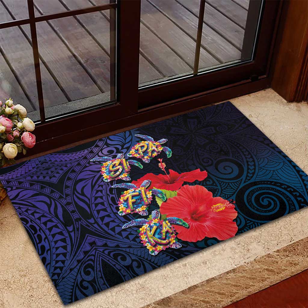 Pasifika Festival Rubber Doormat Plumeria Turtles with Hibiscus - Polynesian Art Tattoo Dark Navy Color