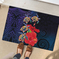 Pasifika Festival Rubber Doormat Plumeria Turtles with Hibiscus - Polynesian Art Tattoo Dark Navy Color