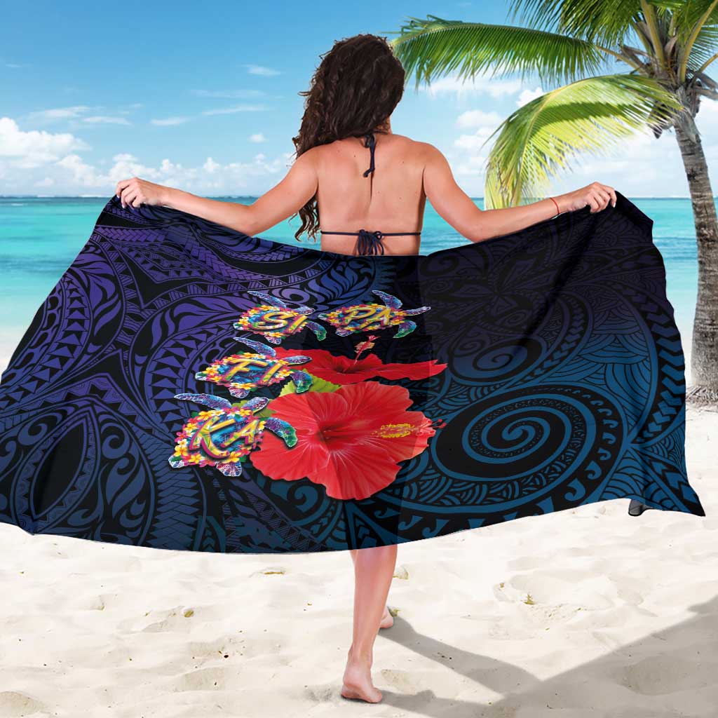 Pasifika Festival Sarong Plumeria Turtles with Hibiscus - Polynesian Art Tattoo Dark Navy Color