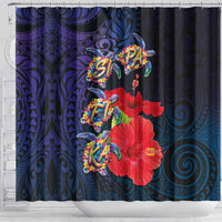 Pasifika Festival Shower Curtain Plumeria Turtles with Hibiscus - Polynesian Art Tattoo Dark Navy Color
