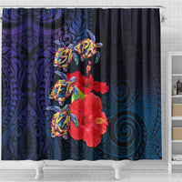 Pasifika Festival Shower Curtain Plumeria Turtles with Hibiscus - Polynesian Art Tattoo Dark Navy Color