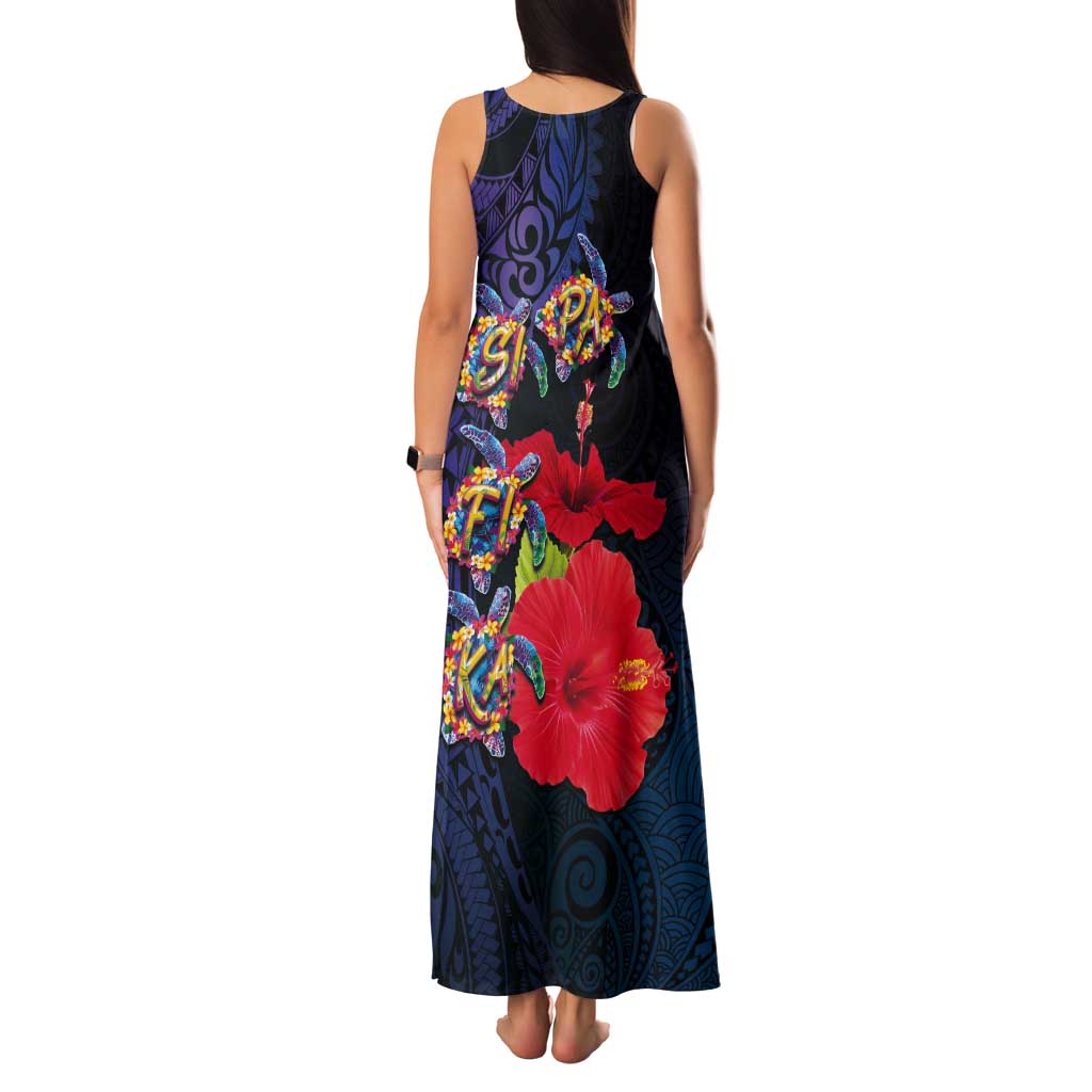 Pasifika Festival Tank Maxi Dress Plumeria Turtles with Hibiscus - Polynesian Art Tattoo Dark Navy Color