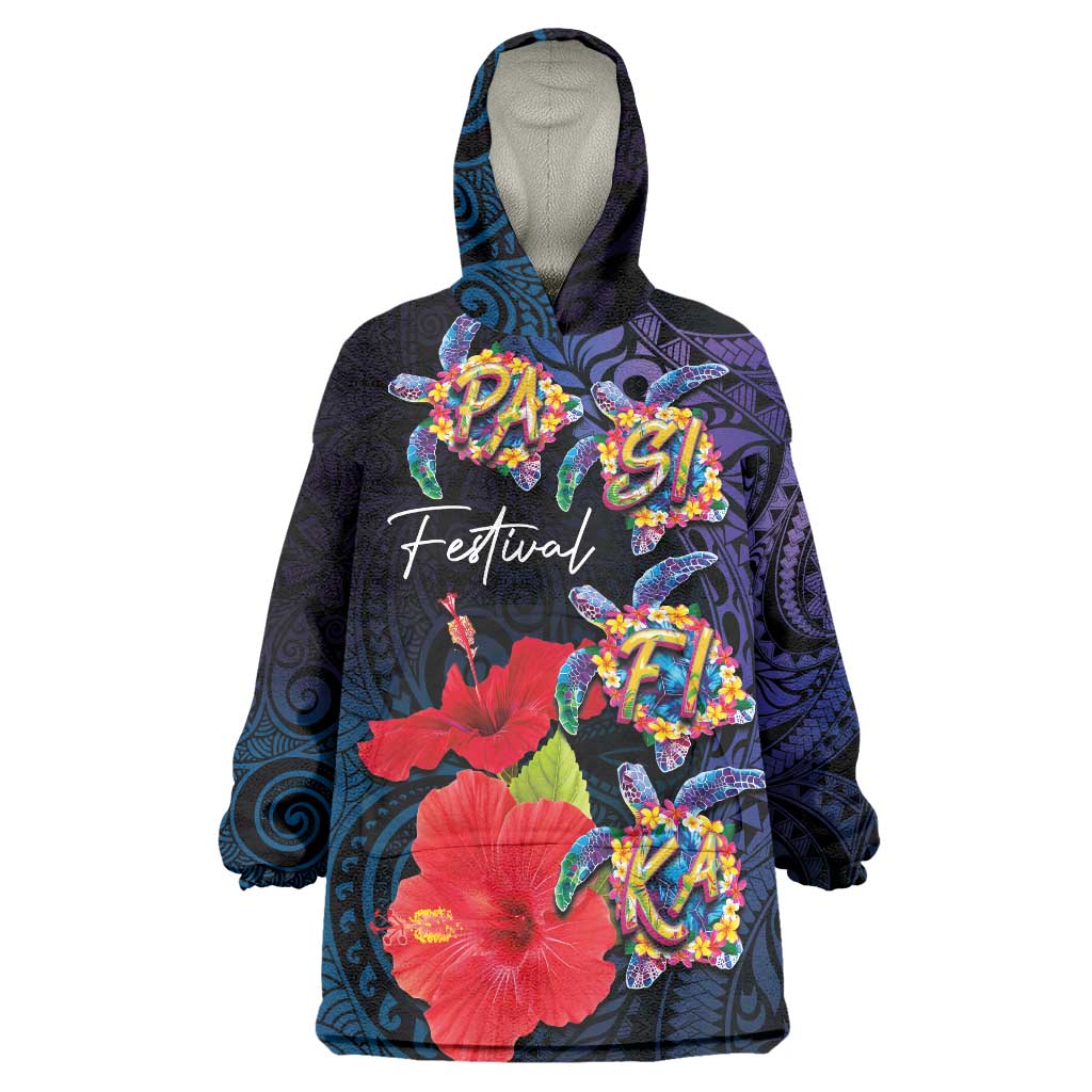 Pasifika Festival Wearable Blanket Hoodie Plumeria Turtles with Hibiscus - Polynesian Art Tattoo Dark Navy Color