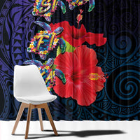 Pasifika Festival Window Curtain Plumeria Turtles with Hibiscus - Polynesian Art Tattoo Dark Navy Color