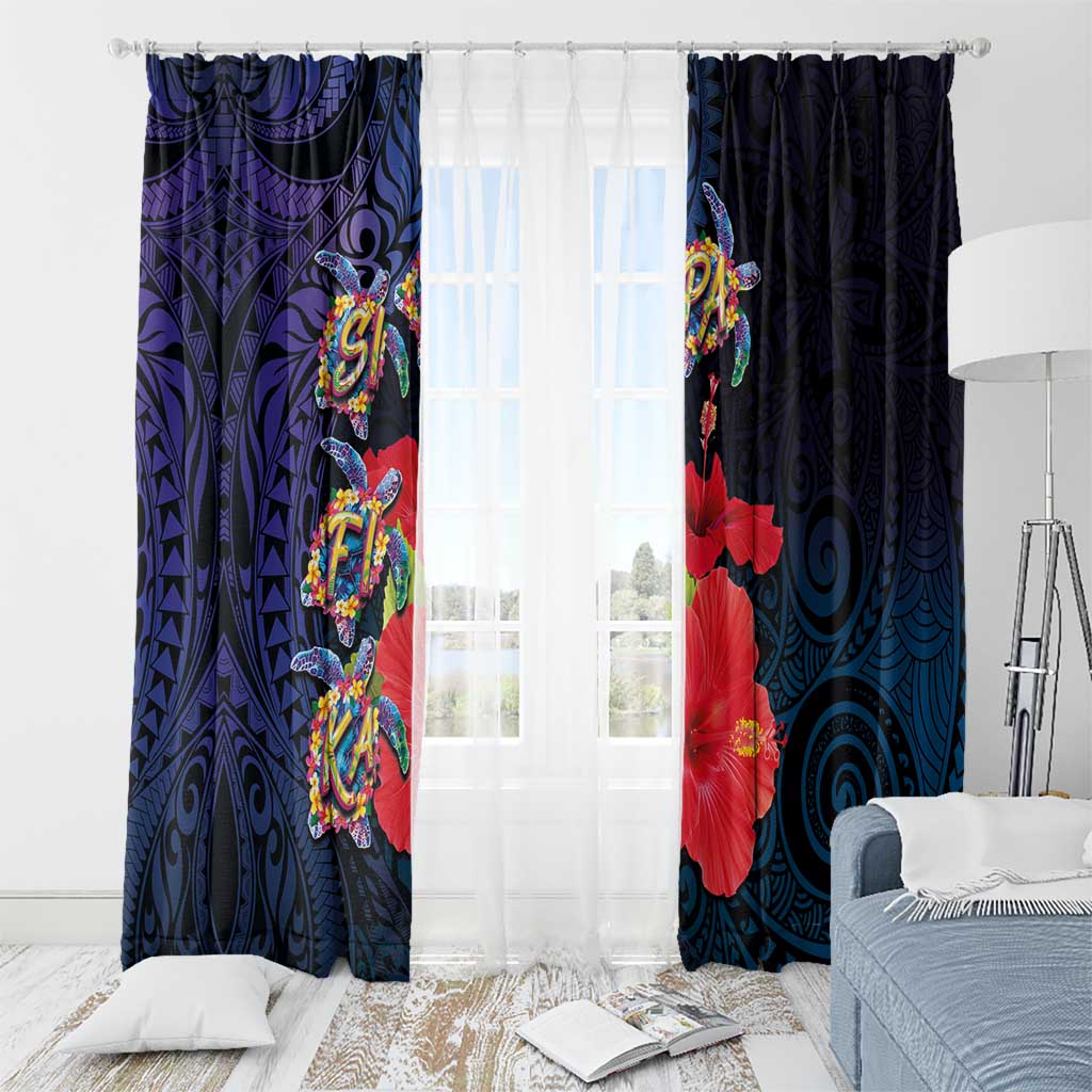 Pasifika Festival Window Curtain Plumeria Turtles with Hibiscus - Polynesian Art Tattoo Dark Navy Color