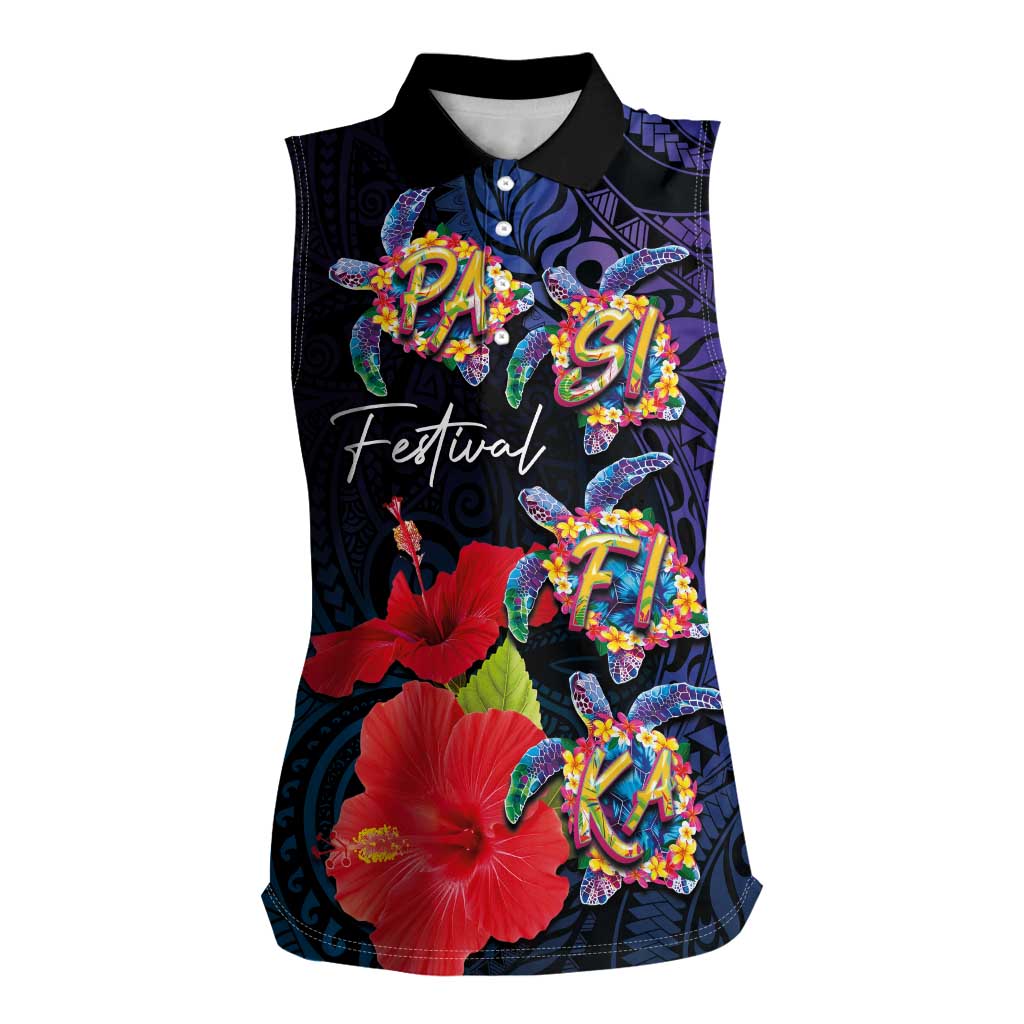 Pasifika Festival Women Sleeveless Polo Shirt Plumeria Turtles with Hibiscus - Polynesian Art Tattoo Dark Navy Color