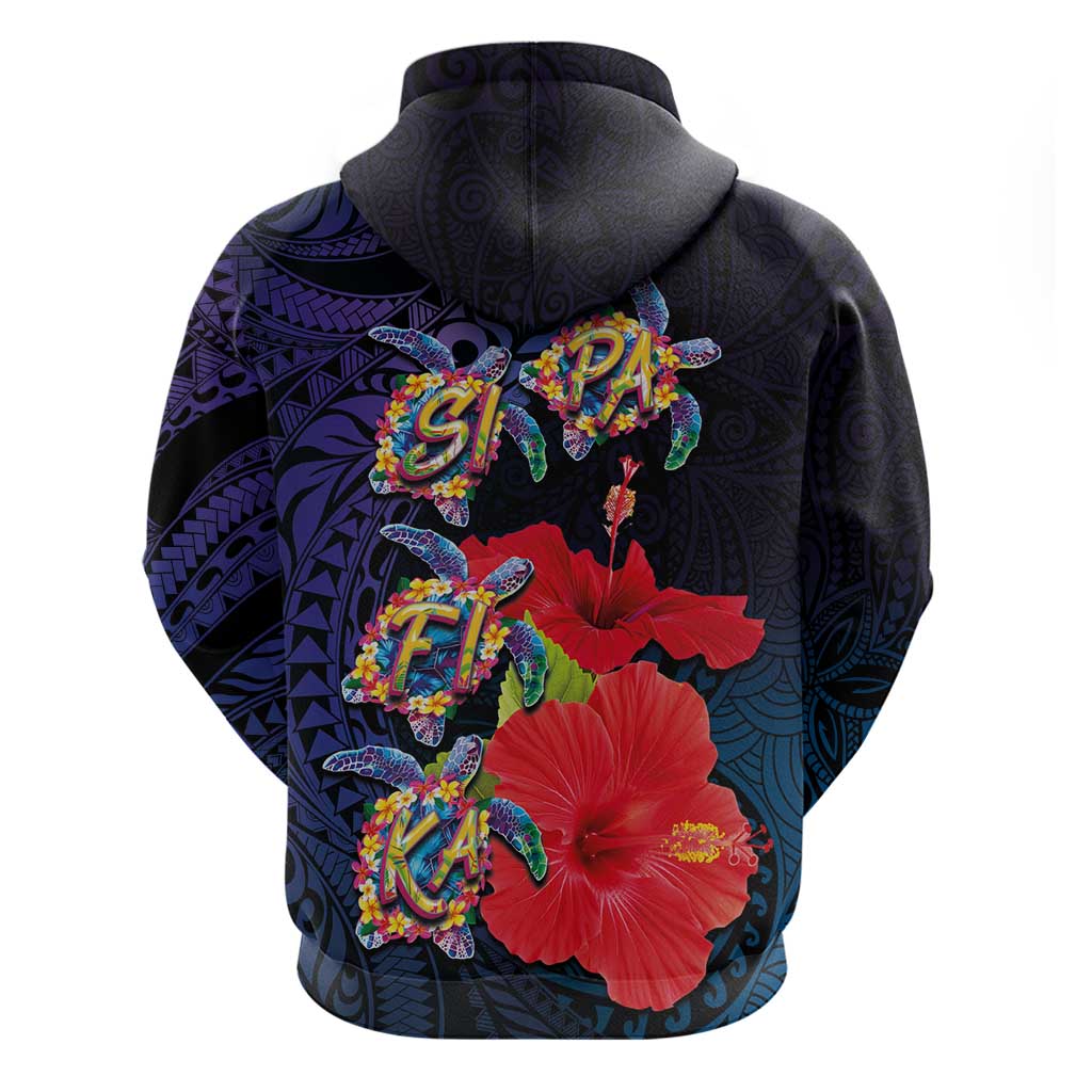 Pasifika Festival Zip Hoodie Plumeria Turtles with Hibiscus - Polynesian Art Tattoo Dark Navy Color