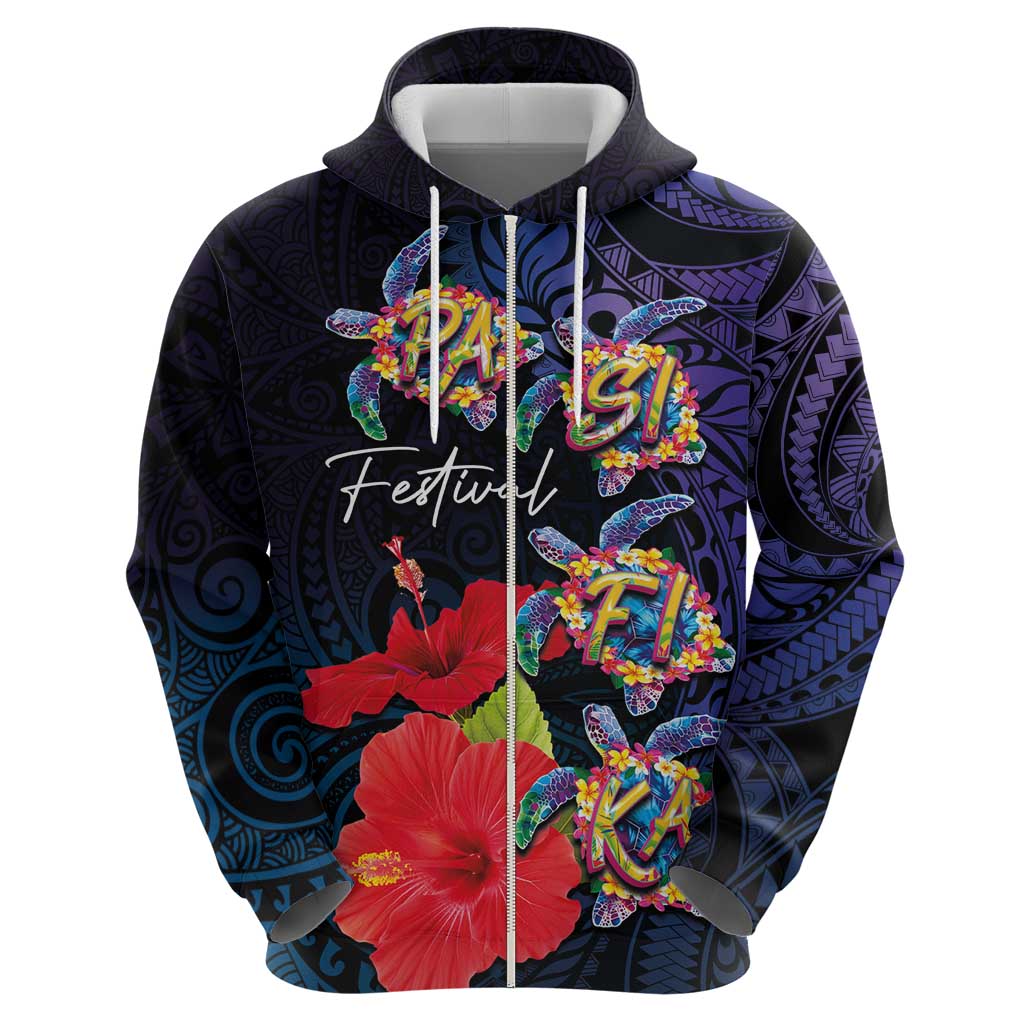 Pasifika Festival Zip Hoodie Plumeria Turtles with Hibiscus - Polynesian Art Tattoo Dark Navy Color