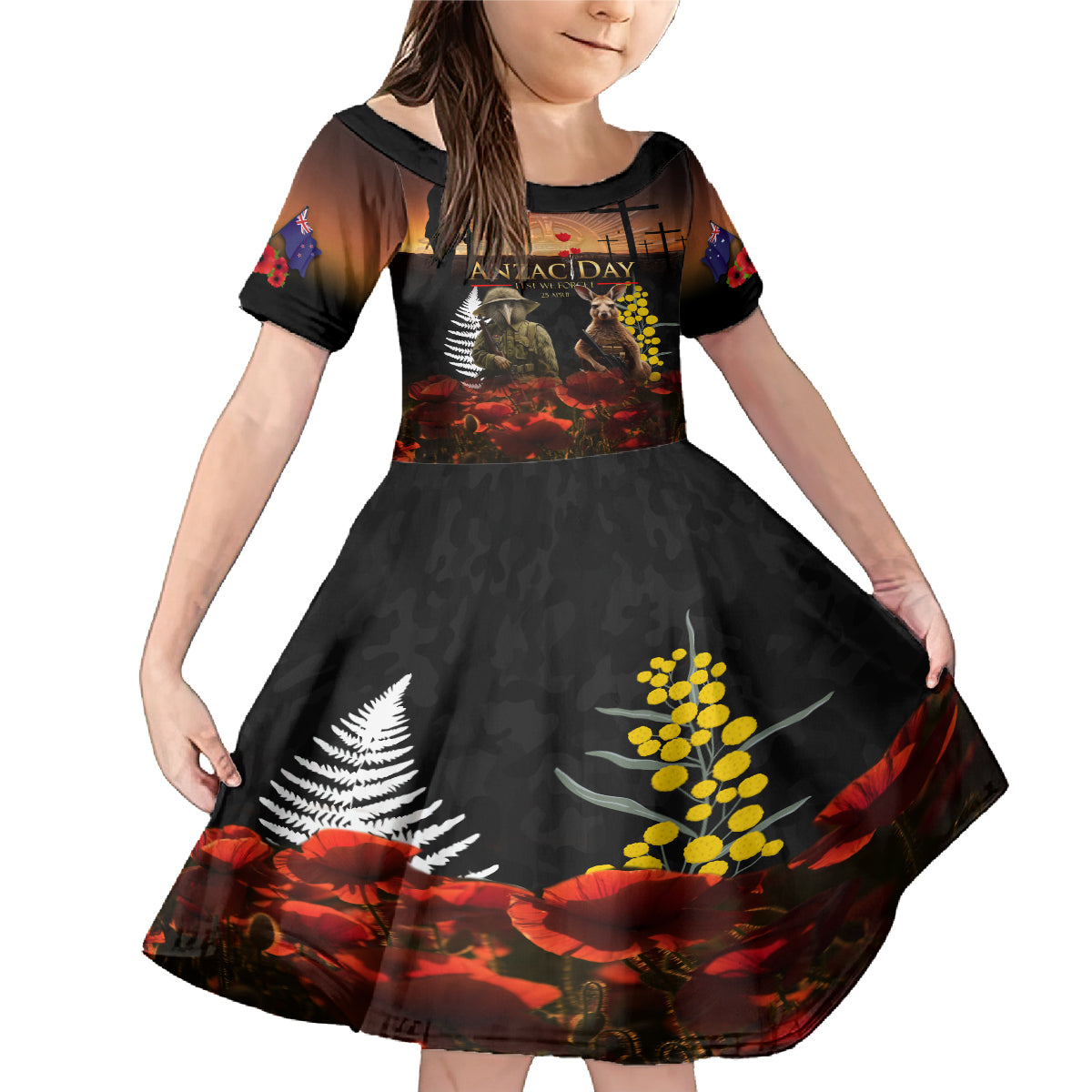 New Zealand and Australia ANZAC Day Family Matching Mermaid Dress and Hawaiian Shirt Kiwi Bird and Kangaroo Soldier LT03 Daughter's Dress Black - Polynesian Pride