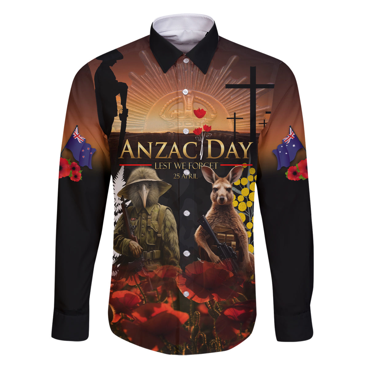 New Zealand and Australia ANZAC Day Family Matching Puletasi and Hawaiian Shirt Kiwi Bird and Kangaroo Soldier LT03 Dad's Shirt - Long Sleeve Black - Polynesian Pride