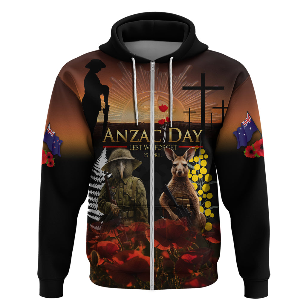 New Zealand and Australia ANZAC Day Hoodie Kiwi Bird and Kangaroo Soldier LT03 Zip Hoodie Black - Polynesian Pride