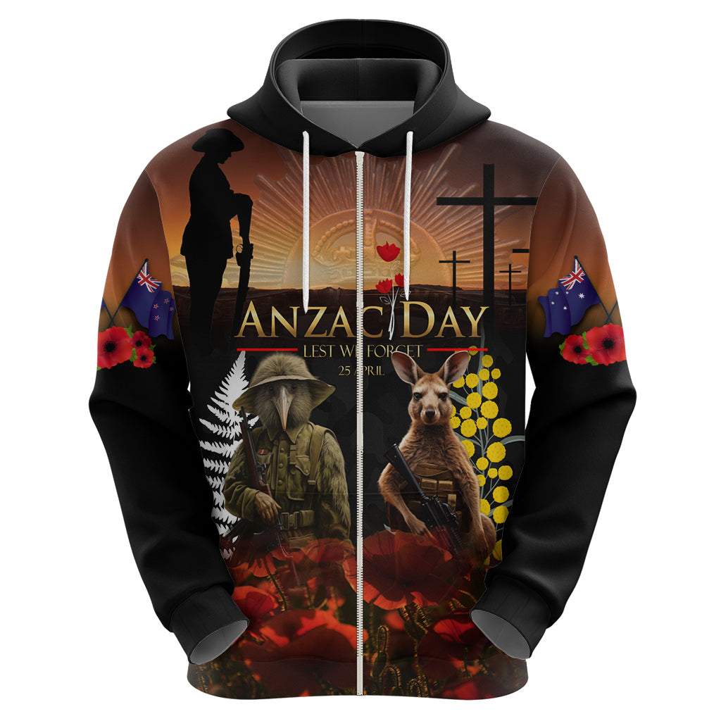 New Zealand and Australia ANZAC Day Hoodie Kiwi Bird and Kangaroo Soldier LT03 - Polynesian Pride