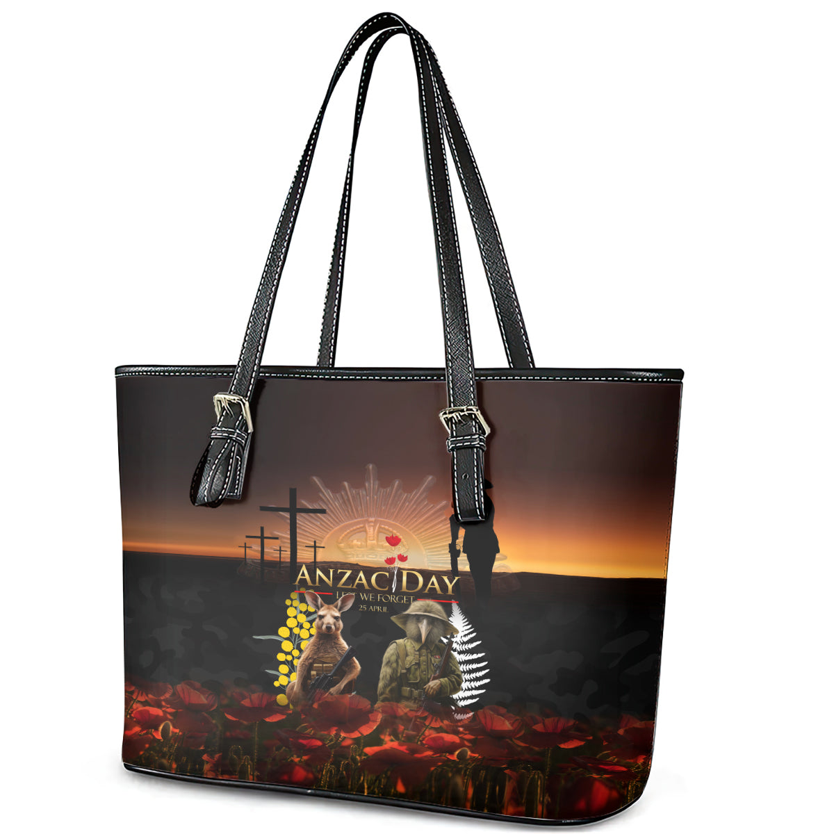 New Zealand and Australia ANZAC Day Leather Tote Bag Kiwi Bird and Kangaroo Soldier LT03 - Polynesian Pride