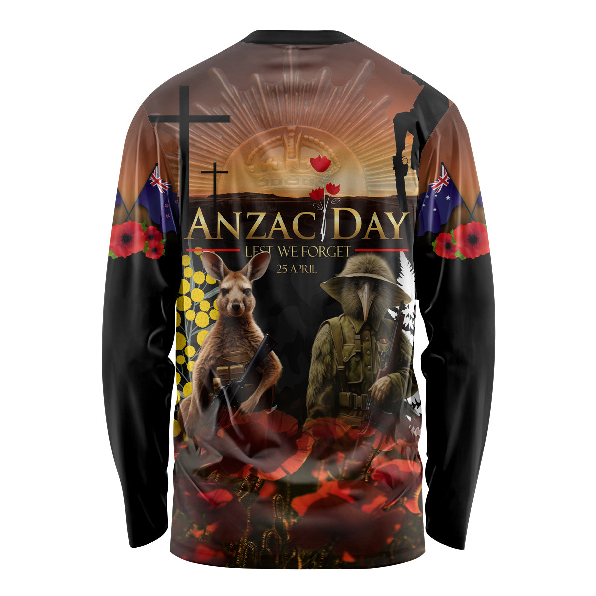 New Zealand and Australia ANZAC Day Long Sleeve Shirt Kiwi Bird and Kangaroo Soldier LT03 - Polynesian Pride