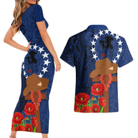 Cook Island ANZAC Day Couples Matching Short Sleeve Bodycon Dress and Hawaiian Shirt Soldier Paying Respect We Shall Remember Them LT03 - Polynesian Pride