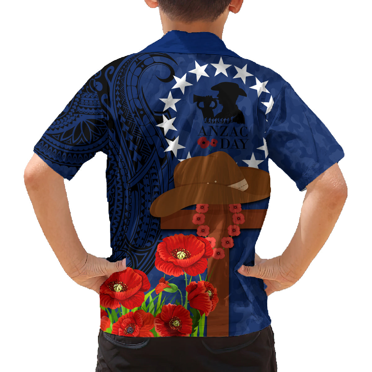 Cook Island ANZAC Day Family Matching Off Shoulder Long Sleeve Dress and Hawaiian Shirt Soldier Paying Respect We Shall Remember Them LT03 - Polynesian Pride