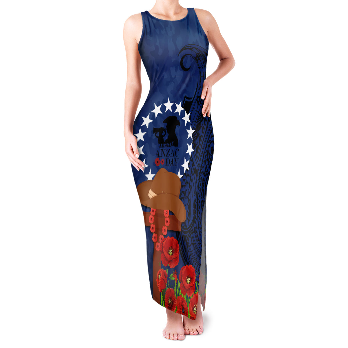 Cook Island ANZAC Day Family Matching Tank Maxi Dress and Hawaiian Shirt Soldier Paying Respect We Shall Remember Them LT03 Mom's Dress Blue - Polynesian Pride