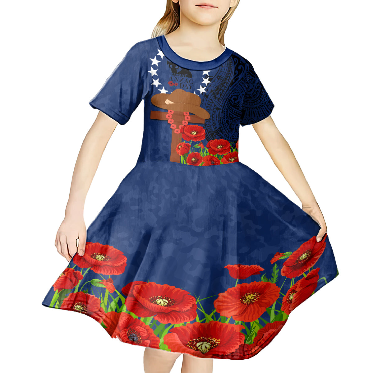 Cook Island ANZAC Day Kid Short Sleeve Dress Soldier Paying Respect We Shall Remember Them LT03 - Polynesian Pride