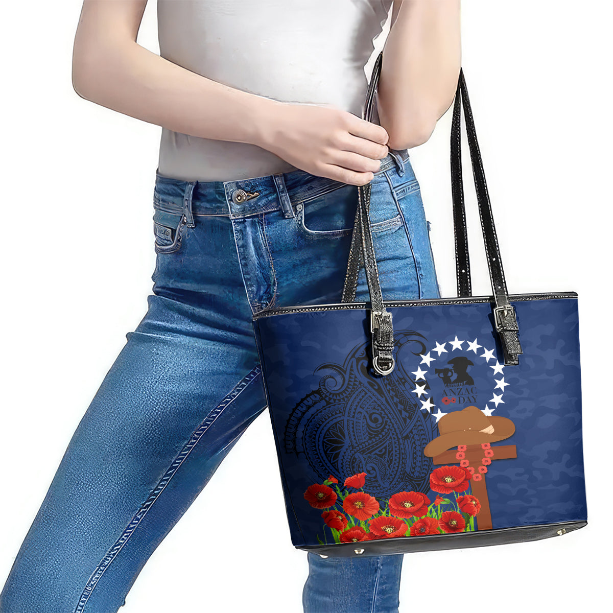 Cook Islands ANZAC Day Leather Tote Bag Soldier Paying Respect We Shall Remember Them LT03 - Polynesian Pride