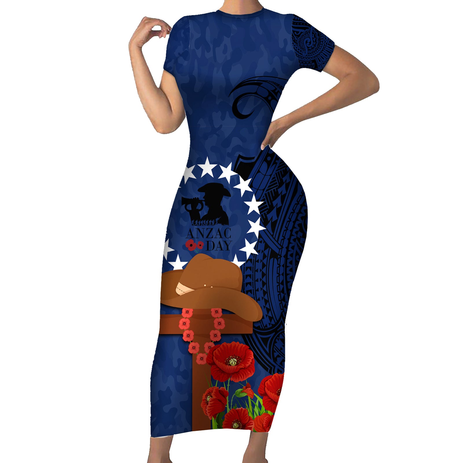 Cook Island ANZAC Day Short Sleeve Bodycon Dress Soldier Paying Respect We Shall Remember Them LT03 Long Dress Blue - Polynesian Pride