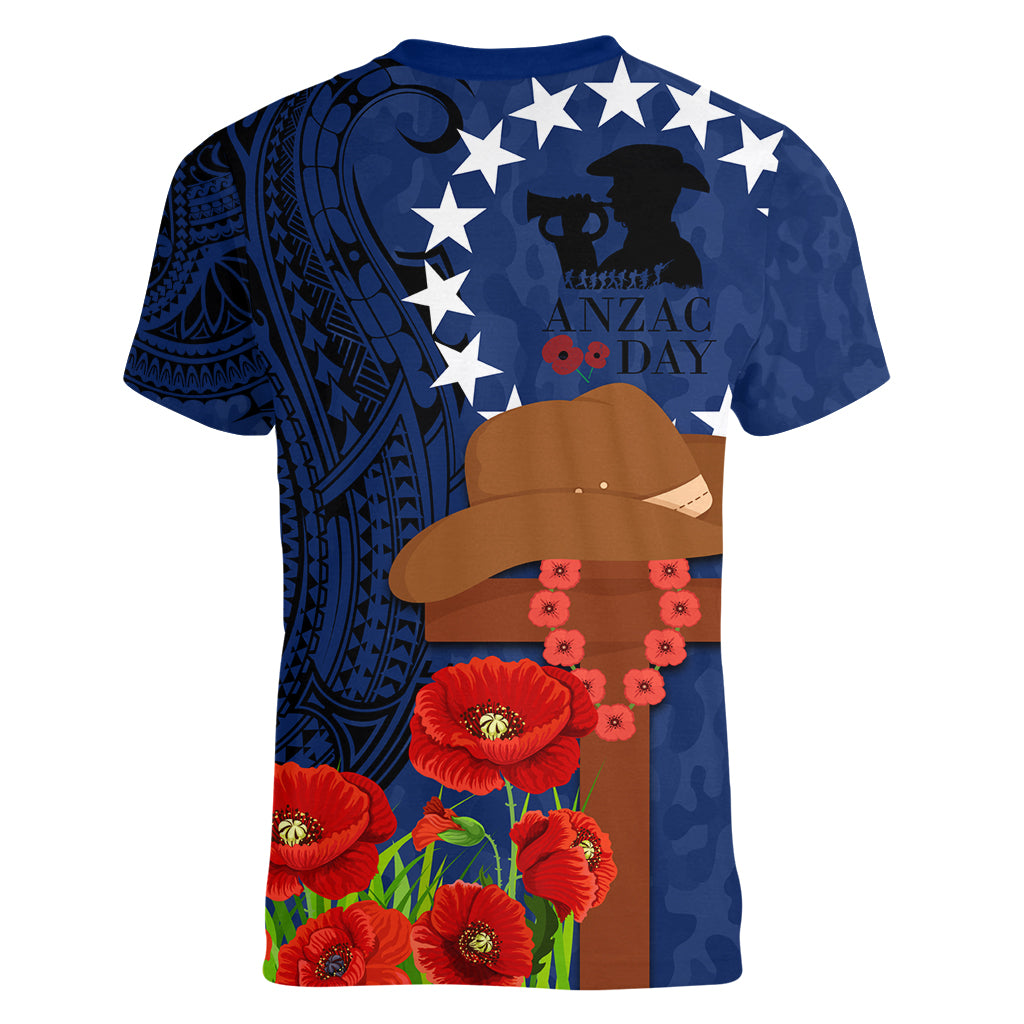 Cook Island ANZAC Day Women V Neck T Shirt Soldier Paying Respect We Shall Remember Them LT03 - Polynesian Pride